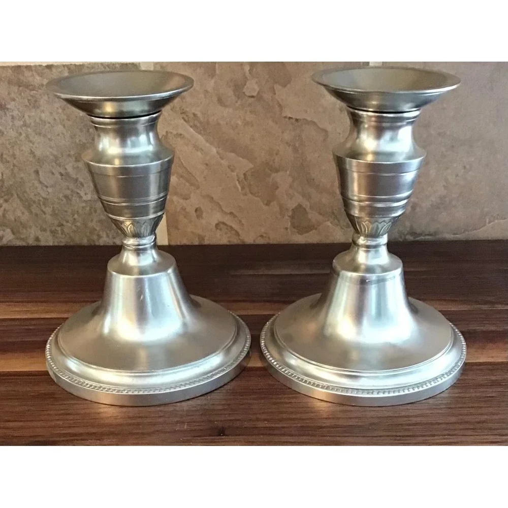 VTG Pewter Candlestick Holders Beaded‎ Base 5.5